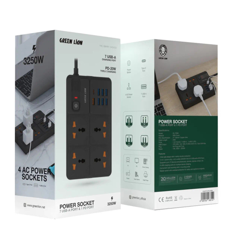چند راهی و شارژر گرین لاین Green Lion هفت پورت USB-A و 1 پورت PD